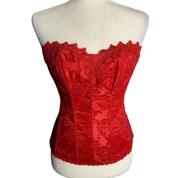 Fredericks Hollywood Dream Sweetheart Corset 32 Red Jacquard Lace Hook Closure - Picture 2 of 9